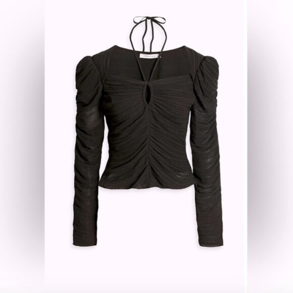 FRAME (NWT) Gathered Keyhole Tie Neck Top, Plissé-Crepe, Size L - Picture 2 of 16